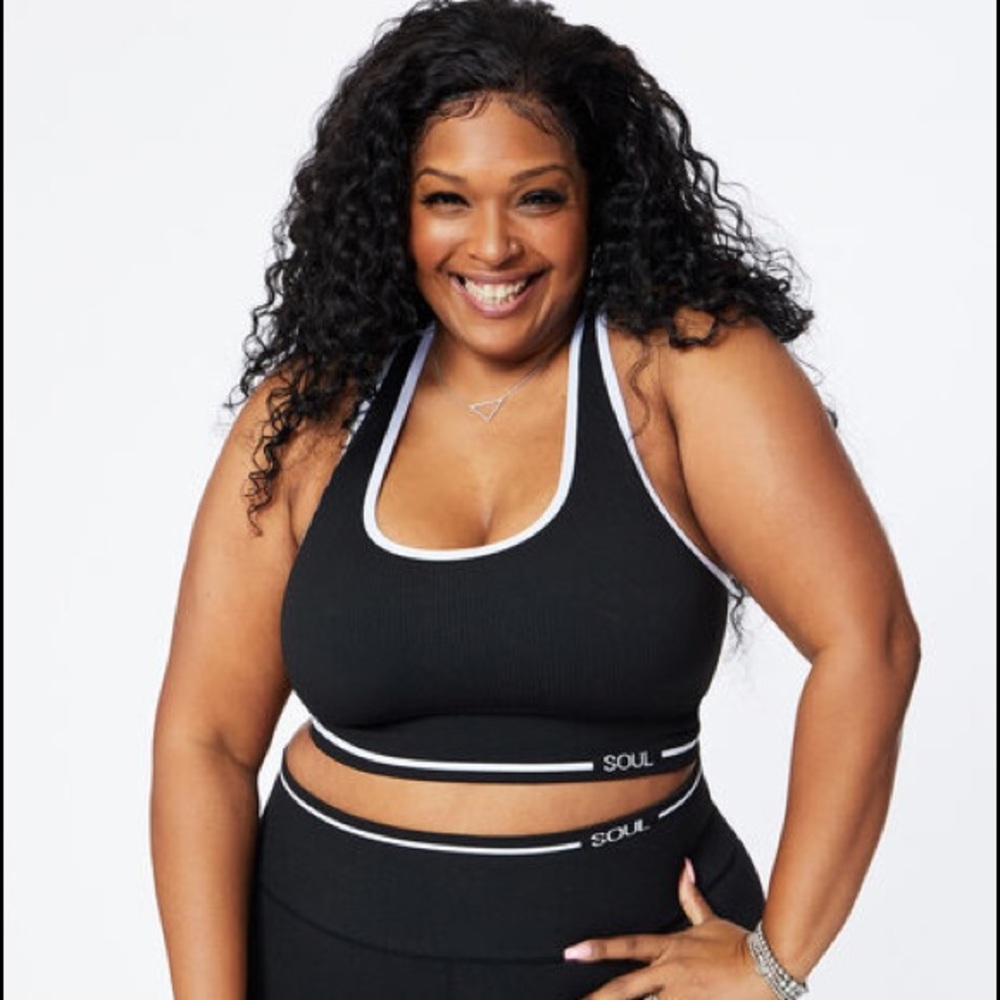 SoulCycle ribbed crop top in black w/ blue detail